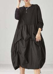 Classy Black Asymmetrical Patchwork Wrinkled Cotton Robe Dresses Spring