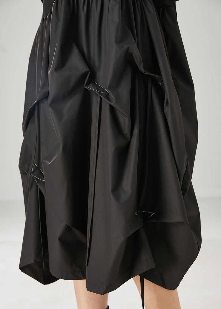 Classy Black Asymmetrical Patchwork Wrinkled Cotton Robe Dresses Spring