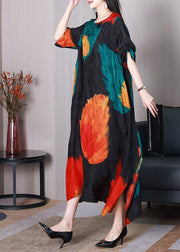 Classy Black Asymmetrical Print Silk Robe Dresses Summer