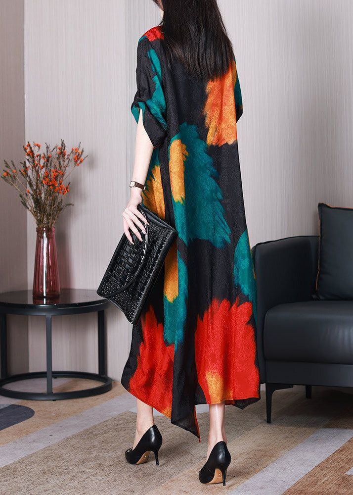 Classy Black Asymmetrical Print Silk Robe Dresses Summer