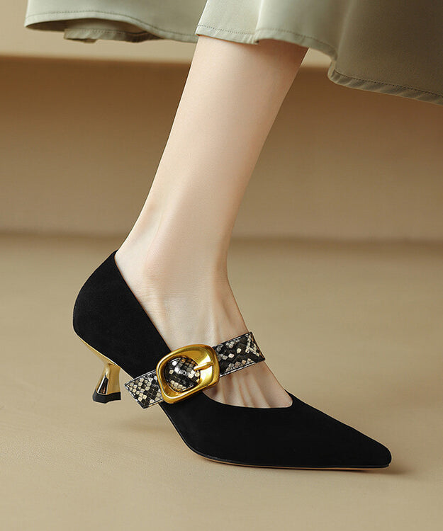 Classy Black Buckle Strap Splicing Stiletto High Heels Pointed Toe