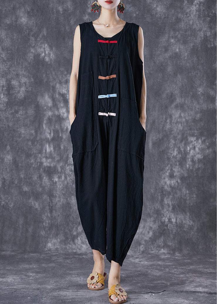 Classy Black Chinese Button Pockets Linen Jumpsuits Sleeveless