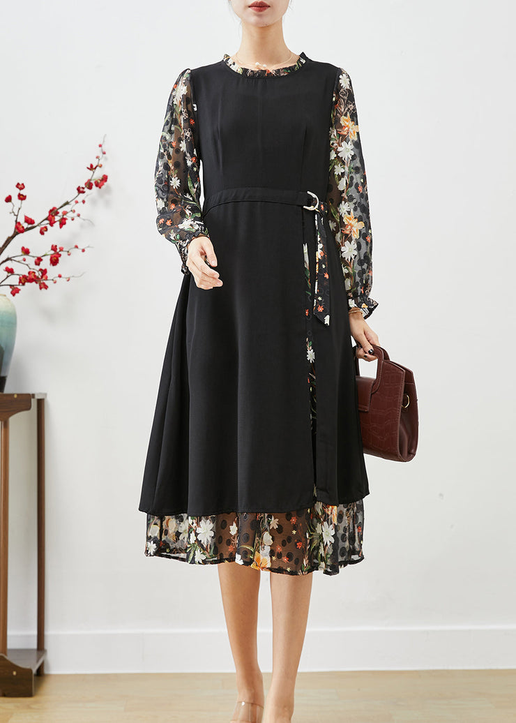 Classy Black Cinched Patchwork Silk Fake Two Piece Dress Fall