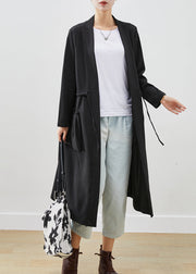 Classy Black Drawstring Pockets Cotton Trench Coats Fall