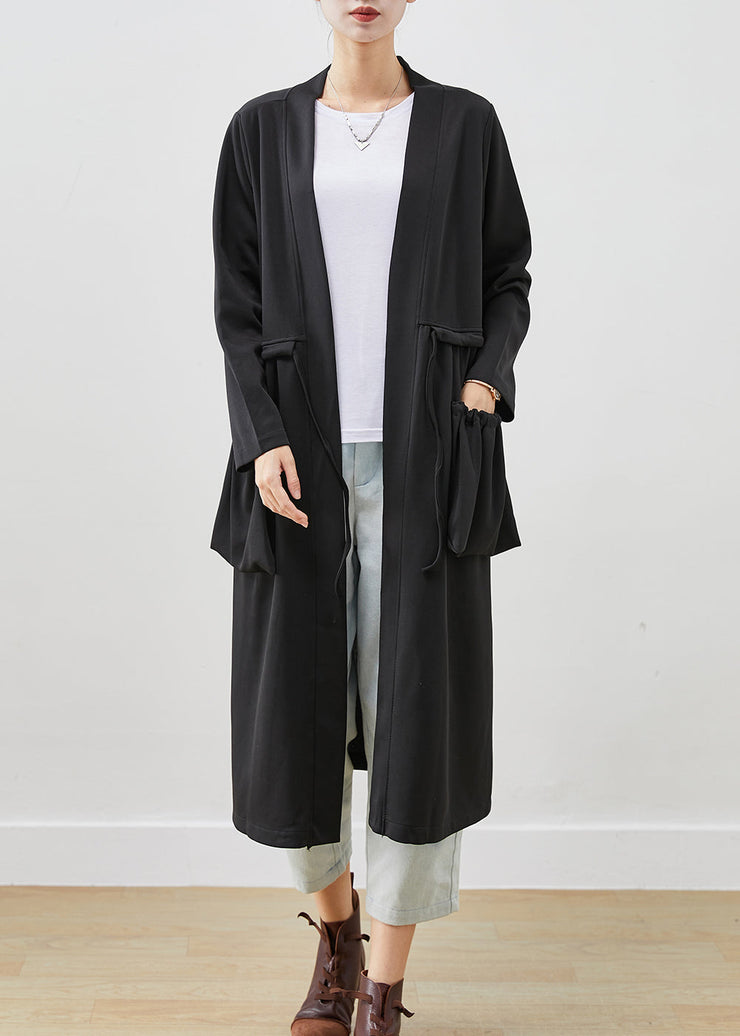 Classy Black Drawstring Pockets Cotton Trench Coats Fall