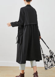 Classy Black Drawstring Pockets Cotton Trench Coats Fall