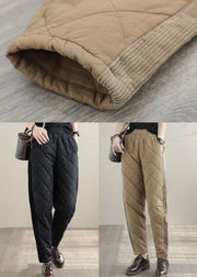 Classy Black Elastic Waist Patchwork Fine Cotton Filled Pants Winter