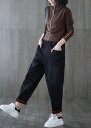 Classy Black Elastic Waist Patchwork Warm Fleece Denim Pants Winter