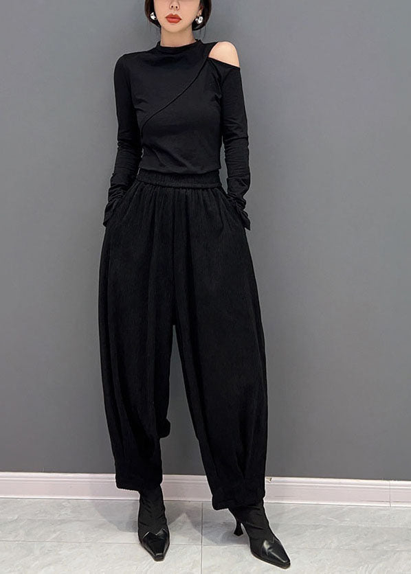 Classy Black Elastic Waist Pockets Thick Corduroy Harem Pants Spring