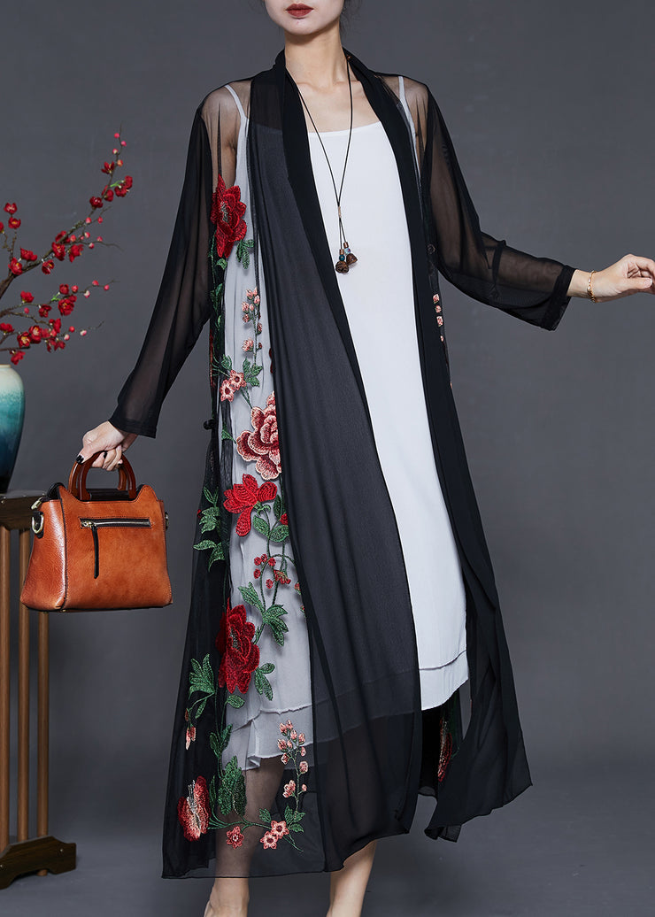 Classy Black Embroidered Floral Tulle Loose Cardigan Summer