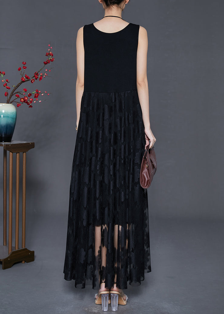 Classy Black Embroidered Lace Long Dress Sleeveless