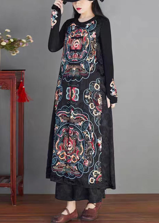 Classy Black Embroideried Chinese Button Patchwork Silk Long Waistcoat Sleeveless