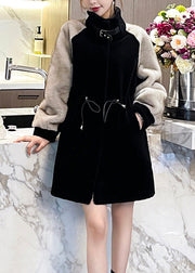 Classy Black Grey Peter Pan Collar Faux Fur Patchwork Drawstring Button Mink Velvet Leather And Fur Coats Winter