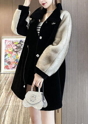 Classy Black Grey Peter Pan Collar Faux Fur Patchwork Drawstring Button Mink Velvet Leather And Fur Coats Winter