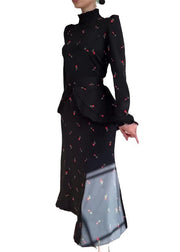 Classy Black Hign Neck Print Patchwork Chiffon Dress Long Sleeve