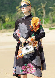 Classy Black Hign Neck Print Patchwork Cotton A Line Dress Fall