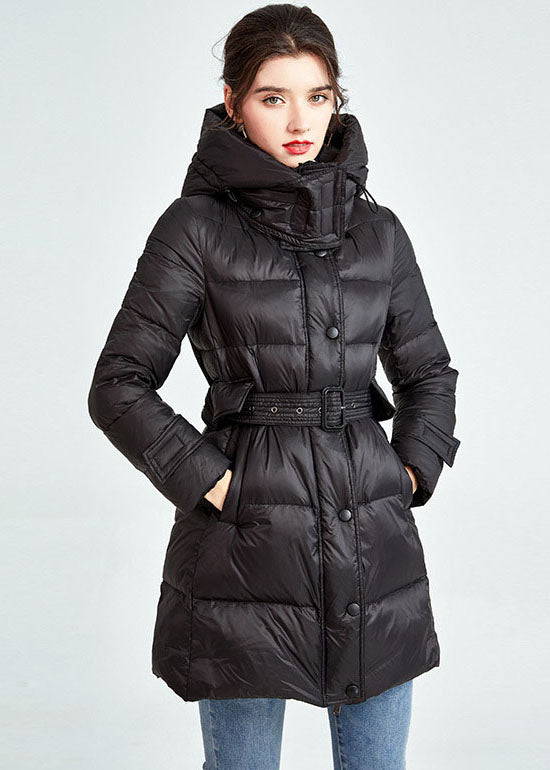 Classy Black Hooded Drawstring Pockets Fine Duck Down Filled Parka Winter