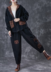 Classy Black Hooded Patchwork Pockets Denim Two Pieces Set Fall