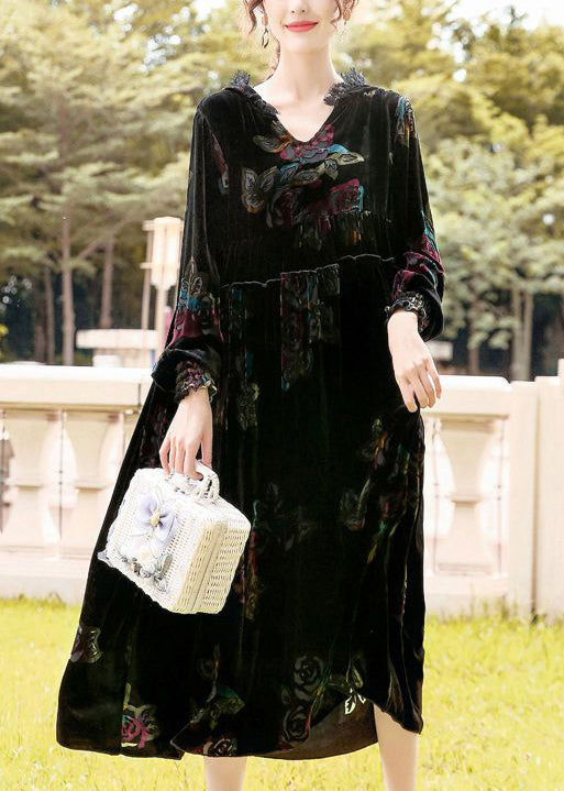 Classy Black Hooded Print Silk Velour Party Dress Spring