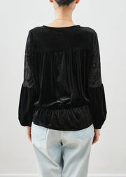 Classy Black Jacquard Tie Neck Silk Velour Tops Fall