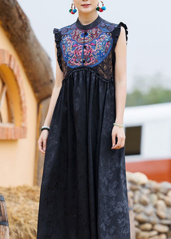 Classy Black O-Neck Embroideried Floral Wrinkled Button Dress Sleeveless