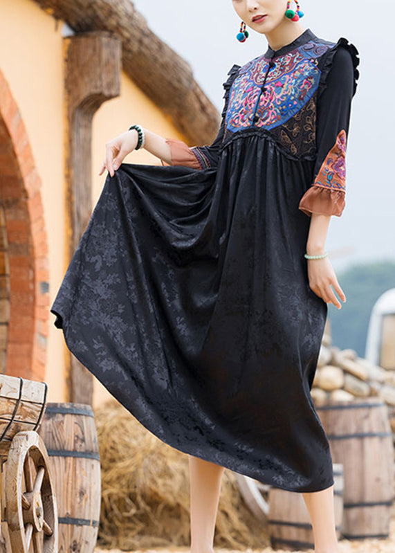 Classy Black O-Neck Embroideried Floral Wrinkled Button Dress Sleeveless