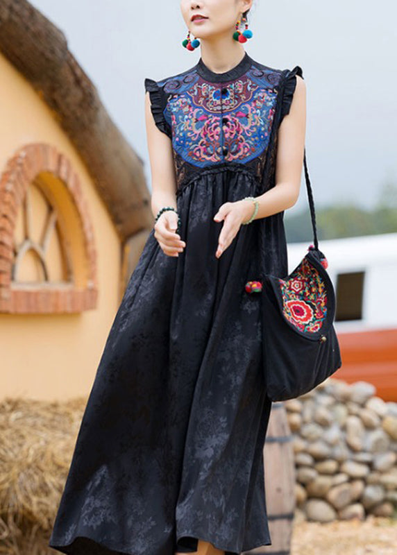 Classy Black O-Neck Embroideried Floral Wrinkled Button Dress Sleeveless