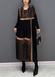 Classy Black O-Neck Oversized Patchwork Cotton Long Dress Spring