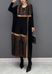 Classy Black O-Neck Oversized Patchwork Cotton Long Dress Spring