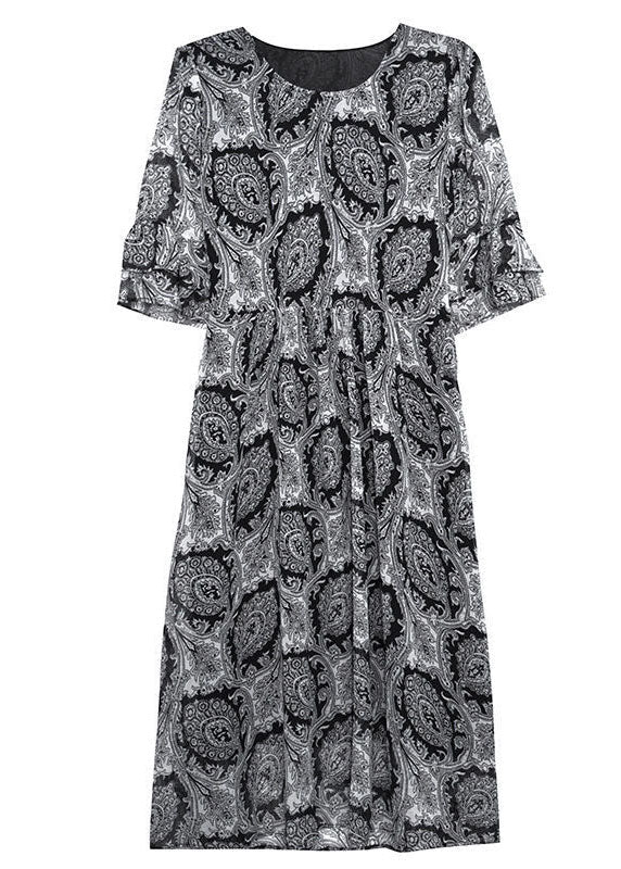 Classy Black O-Neck Print Chiffon A Line Dress Half Sleeve