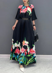 Classy Black O-Neck Print Flattering Maxi Dresses Half Sleeve