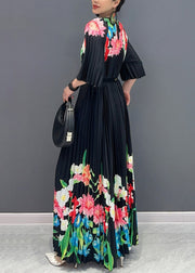 Classy Black O-Neck Print Flattering Maxi Dresses Half Sleeve