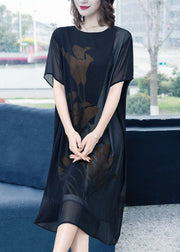 Classy Black O Neck Print Patchwork Chiffon Dress Summer