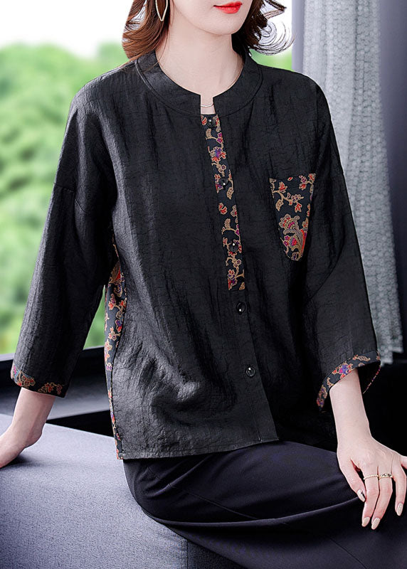 Classy Black O-Neck Print Patchwork Silk Shirt Spring