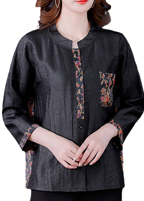 Classy Black O-Neck Print Patchwork Silk Shirt Spring