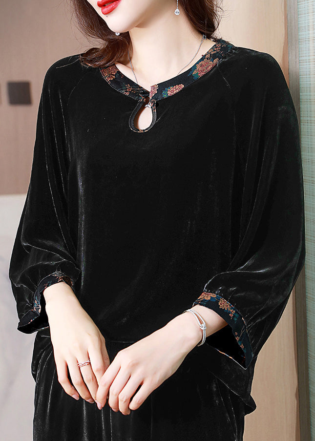 Classy Black O Neck Print Patchwork Silk Velour Shirt Spring