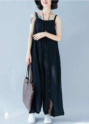 Classy Black Oversized Button Cotton Wide Leg Jumpsuit Summer