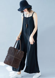 Classy Black Oversized Button Cotton Wide Leg Jumpsuit Summer