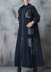 Classy Black Oversized Patchwork Applique Denim Coat Spring