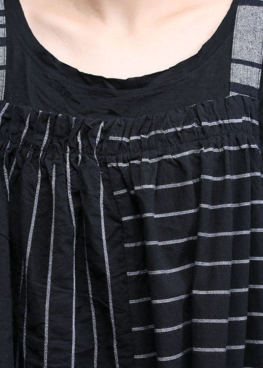 Classy Black Oversized Patchwork Striped Pockets Linen Strap Dress Spring