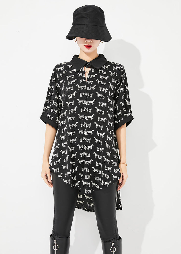 Classy Black Oversized Print Low High Design Chiffon Long Shirt Half Sleeve