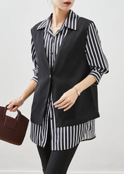 Classy Black Oversized Striped Cotton Vest And Shirt Two Piece Set Fall