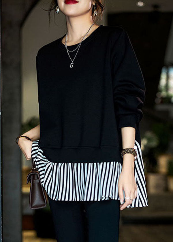 Classy Black Oversized Striped Patchwork Cotton Sweatshirt Streetwear Fall