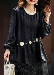 Classy Black Patchwork Floral Top Long Sleeve