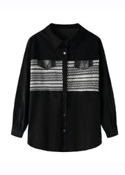 Classy Black Peter Pan Collar Print Button Corduroy Shirt Long Sleeve