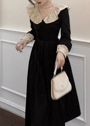 Classy Black Peter Pan Collar Ruffled Cotton Long Dresses Spring