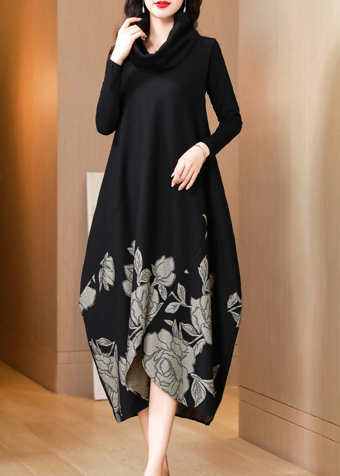 Classy Black Print Asymmetrical Patchwork Cotton Two Pieces Set Fall