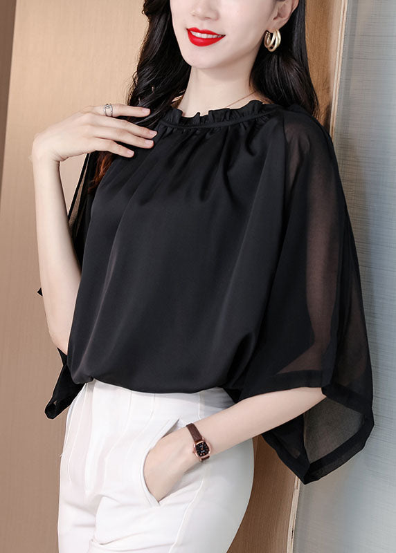 Classy Black Ruffled Patchwork Chiffon Shirts Bracelet Sleeve