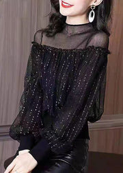 Classy Black Ruffled Patchwork Tulle Top Lantern Sleeve