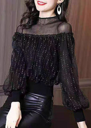 Classy Black Ruffled Patchwork Tulle Top Lantern Sleeve